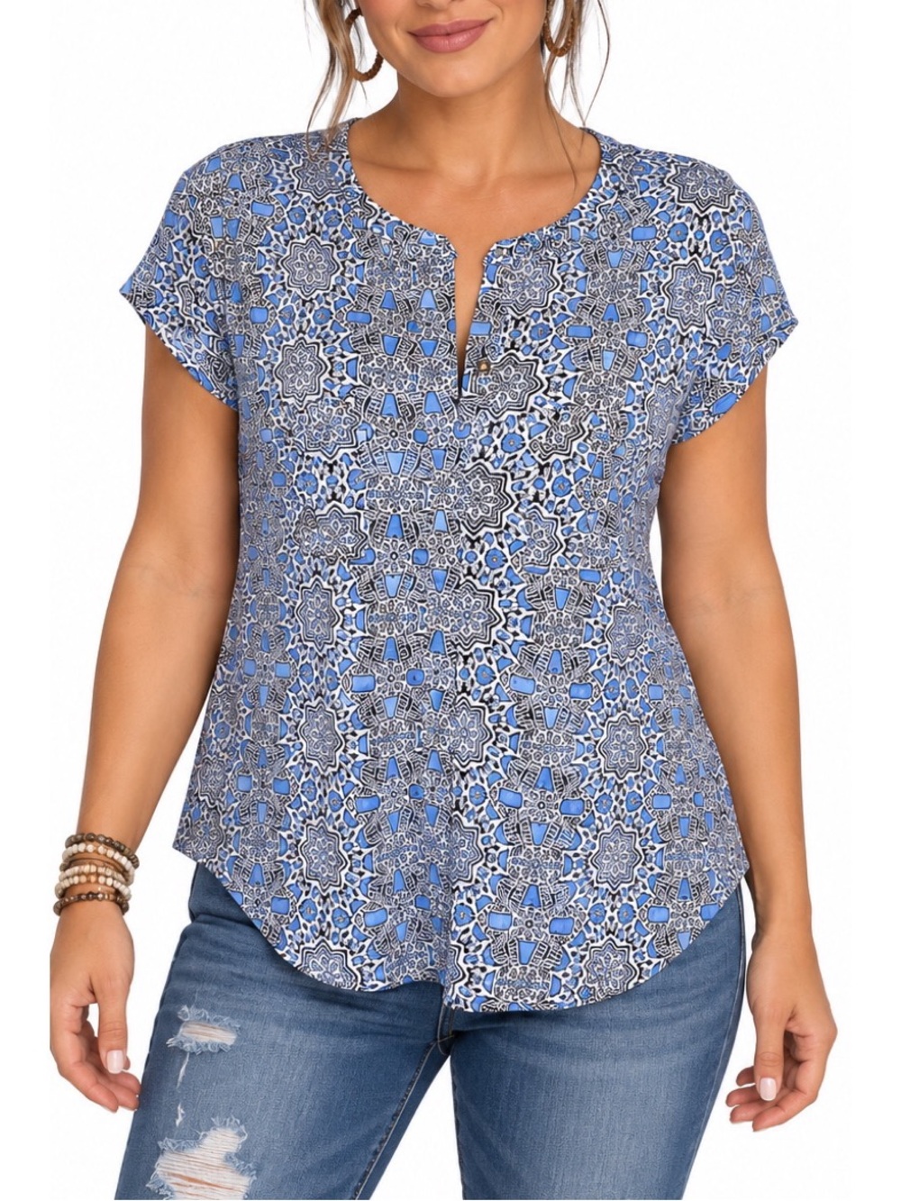 Dana Buchman Blue Printed Short Sleeve Top – Medium